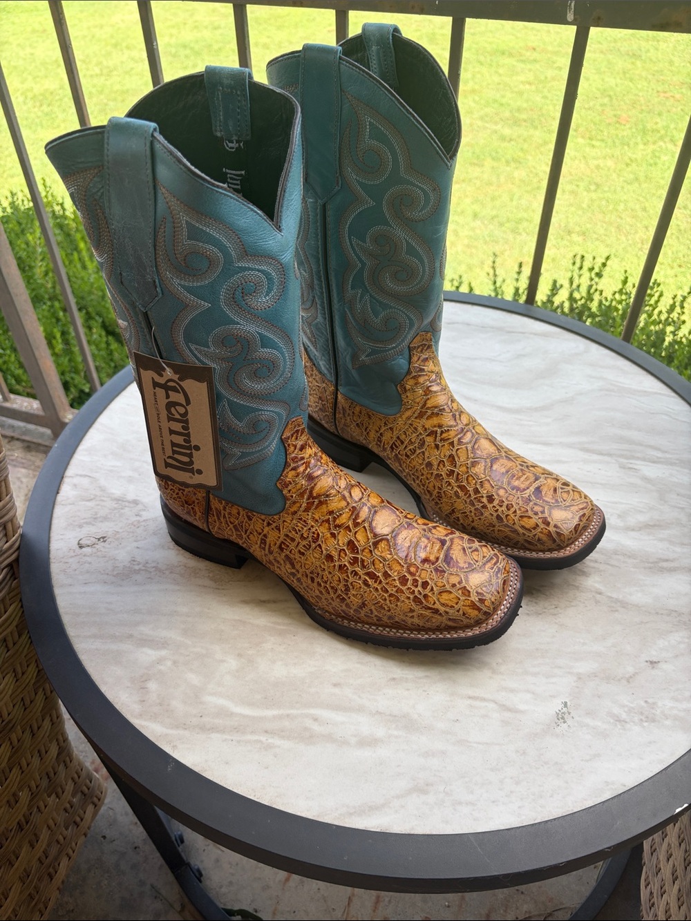Ferrini Teal & Tan Croc-Embossed Leather Western Boots
